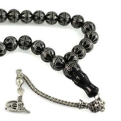 Yoğun Gümüş Kakma İşlemeli Ağır Kupa Desen Gürcistan Oltu Tesbih 23C24009