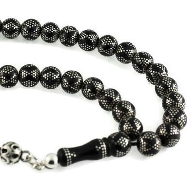 Yoğun Gümüş Kakma İşlemeli Fiyonk Desen Gürcistan Oltu Tesbih 24C19008