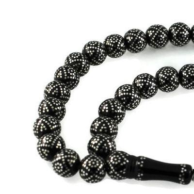 Yoğun Gümüş Kakma İşlemeli Gürcistan Oltu Tesbih 27C19008