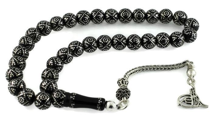 Yoğun Gümüş Kakma İşlemeli Gürcistan Oltu Tesbih 27C19008