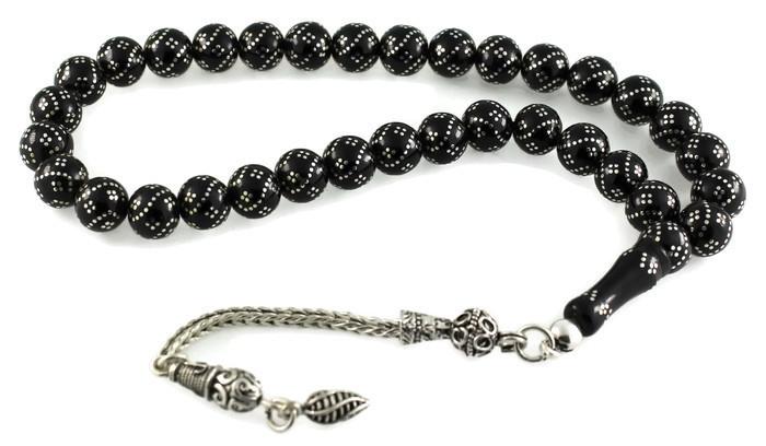 Yoğun Gümüş Kakma İşlemeli Gürcistan Oltu Tesbih