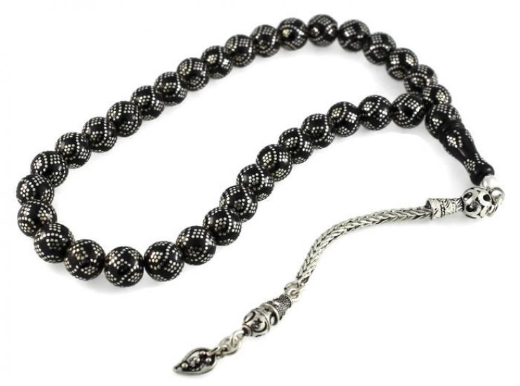 Yoğun Gümüş Kakma İşlemeli Gürcistan Oltu Tesbih