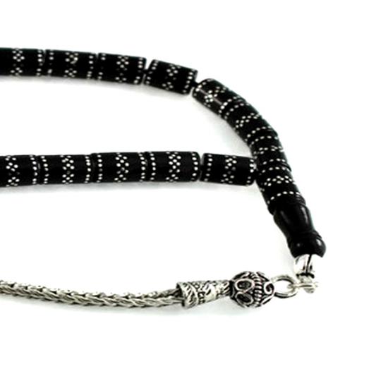 Yoğun Gümüş Kakma İşlemeli Zincir Çember Desen Kesme Gürcistan Oltu Tesbih 33CK6006