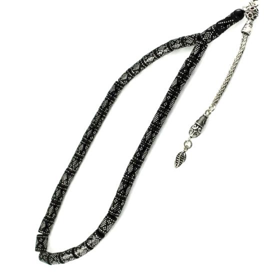 Yoğun Gümüş Kakma İşlemeli Kesme Gürcistan Oltu Tesbih 35CK6006