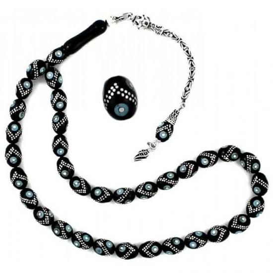 Gümüş ve Firuze Kakma İşlemeli Hakiki Erzurum Oltutaşı Tesbih