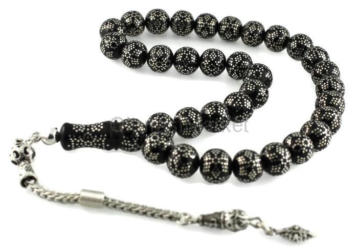 Yoğun Gümüş Kakma İşlemeli Kar Tanesi Desen Gürcistan Oltu Tesbih 02C19009