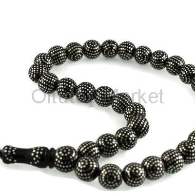 Yoğun Gümüş Kakma İşlemeli Kar Tanesi Desen Gürcistan Oltu Tesbih 02C19009