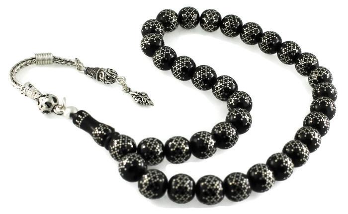 Yoğun Gümüş Kakma İşlemeli Zengerek Desen Gürcistan Oltu Tesbih 07C14808