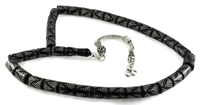 Yoğun Gümüş Kakma İşlemeli Piramit Desen Kesme Gürcistan Oltu Tesbih 31CK1268