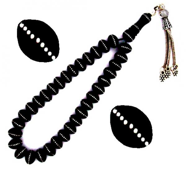 Gümüş Kakma İşlemeli Mercimek Taneli Gürcistan Oltu Tesbih Taş Menşei Gürcistan