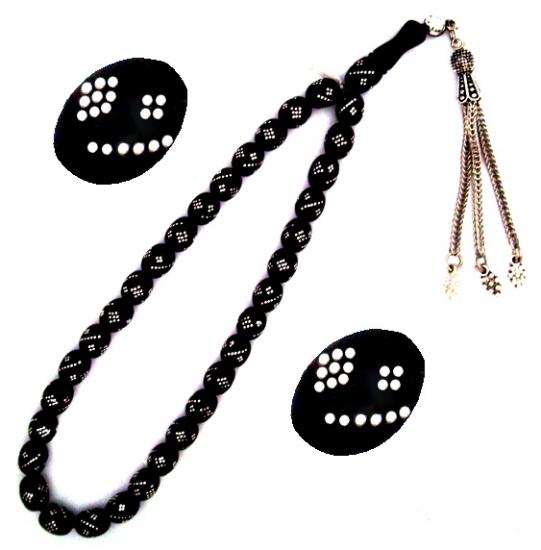 Gümüş Kakma İşlemeli Tesbih Taş Menşei Gürcistan Oltu