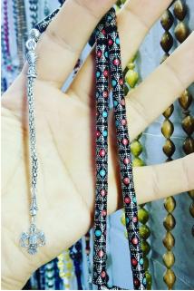 925 Ayar Gümüş Püsküllü -firuze Mercan Işleme -kesme Oltu Taşı Tesbih -7-11 Mm Ölçüsünde