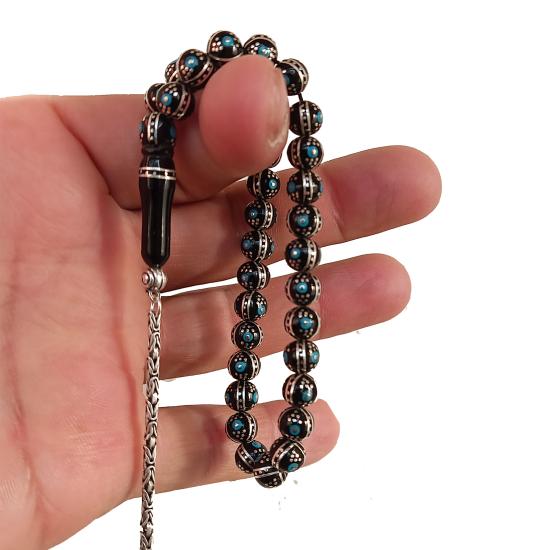 Gümüş ve Firuze İşlemeli Erzurum Oltu Taşı Tesbih