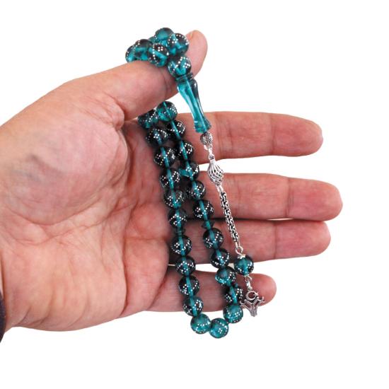 Gümüş Kakma İşlemeli Küre Kesim Sıkma Kehribar Tesbih