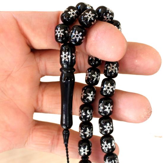  Koleksiyonluk Erzurum Oltu Taşı Tesbih Gümüş Kar Tanesi İşlemeli Kapsül Kesim