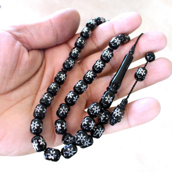  Koleksiyonluk Erzurum Oltu Taşı Tesbih Gümüş Kar Tanesi İşlemeli Kapsül Kesim