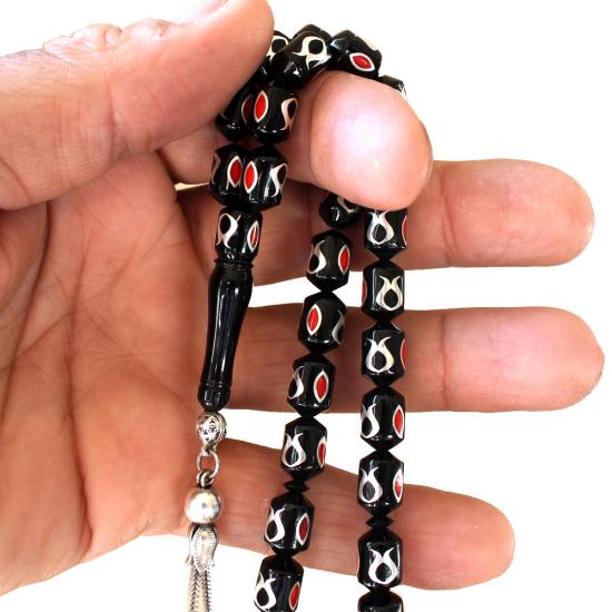  Koleksiyonluk Erzurum Oltu Taşı Tesbih Özel Desenli Gümüş Firuze Mercan İşlemeli Usta İşçilikli Tesbih 8x11 mm