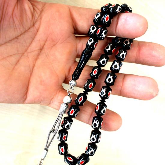  Koleksiyonluk Erzurum Oltu Taşı Tesbih Özel Desenli Gümüş Firuze Mercan İşlemeli Usta İşçilikli Tesbih 8x11 mm