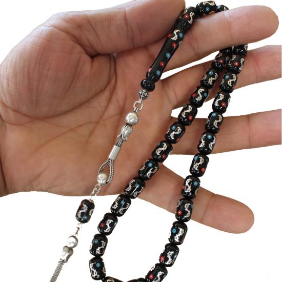  Koleksiyonluk Erzurum Oltu Taşı Tesbih Özel Desenli Gümüş Firuze Mercan İşlemeli Usta İşçilikli Tesbih 8x12 mm