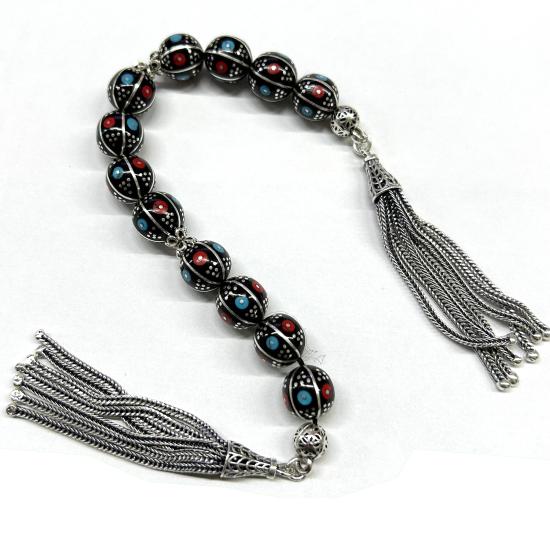 Hakiki Oltu Taşı Zaza Tesbih Firuze Mercan Gümüş İşlemeli Tesbih