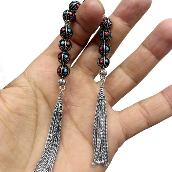 Hakiki Oltu Taşı Zaza Tesbih Firuze Mercan Gümüş İşlemeli Tesbih