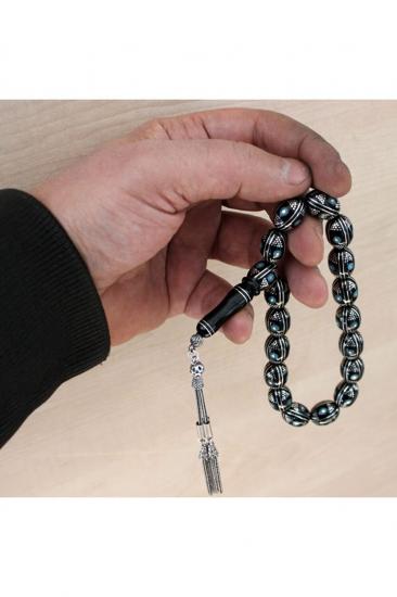 Firuze Ve Gümüş Işlemeli Erzurum Oltu Taşı Efe Maskot Tesbih 11 X 15 Mm