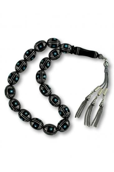 Firuze Ve Gümüş Işlemeli Erzurum Oltu Taşı Efe Maskot Tesbih 11 X 15 Mm