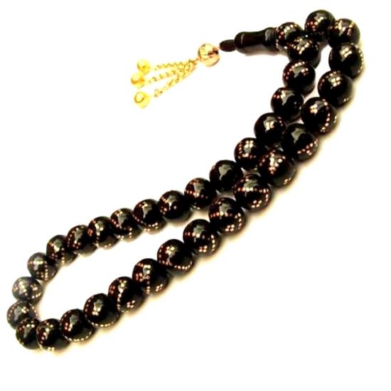 Tek Sıra Altın İşlemeli Hakiki Erzurum Oltu Taşı Tesbih 14 Ayar İsme Özel İmal edilebilir