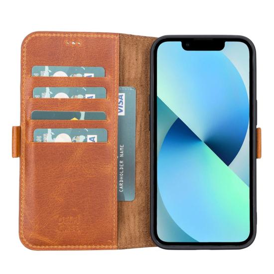 Apple iPhone 13 Uyumlu Deri Cüzdanlı Kılıf Antik Taba