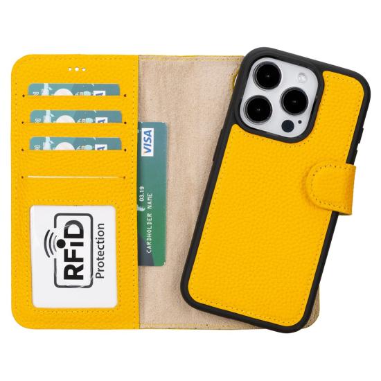 Apple iPhone 15 Pro Uyumlu Deri Cüzdanlı Kılıf MWWN FL12 Sarı