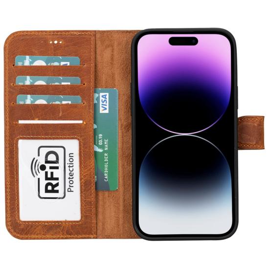 Apple iPhone 15 Plus Uyumlu Deri Cüzdanlı Kılıf MWWN G19 Taba