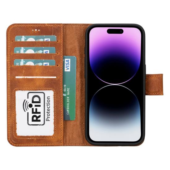 Apple iPhone 15 Pro Uyumlu Deri Cüzdanlı Kılıf MWWN G19 Taba