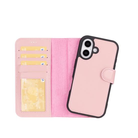 Apple iPhone 16 Plus uyumlu, Hakiki Deri, El Yapımı, Cüzdanlı Kılıf, Toz Pembe