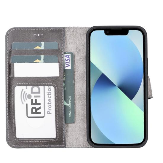 Apple iPhone 13 Mini Uyumlu Deri Cüzdanlı Kılıf MWWN TN1 Gri