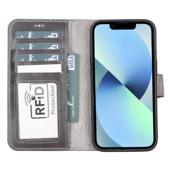 Apple iPhone 13 Pro Uyumlu Deri Cüzdanlı Kılıf MWWN TN1 Gri