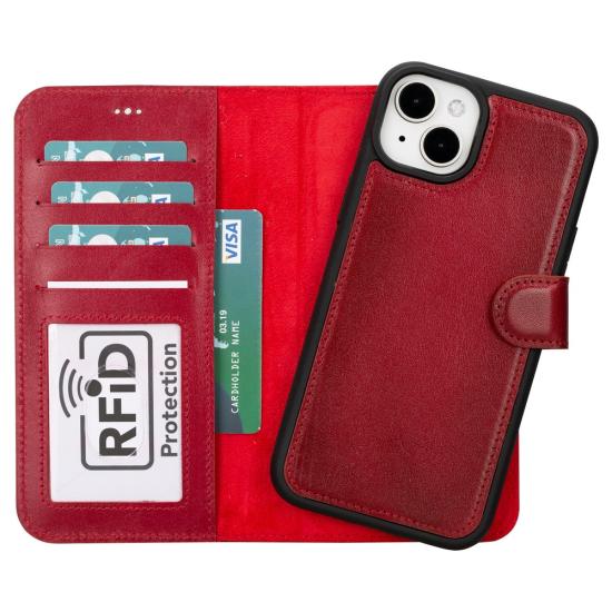 Apple iPhone 15 Plus Uyumlu Deri Cüzdanlı Kılıf MWWN V4EF Kırmızı