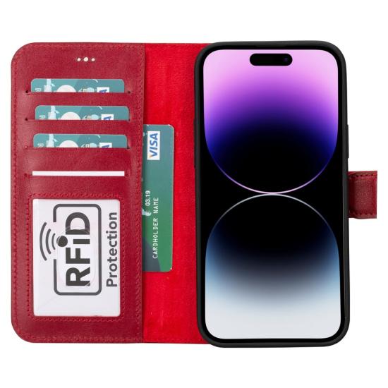 Apple iPhone 15 Plus Uyumlu Deri Cüzdanlı Kılıf MWWN V4EF Kırmızı