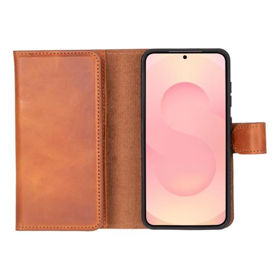 Samsung Galaxy S25 uyumlu, Hakiki Deri, El Yapımı, Cüzdanlı Kılıf, Gölgeli Kahve