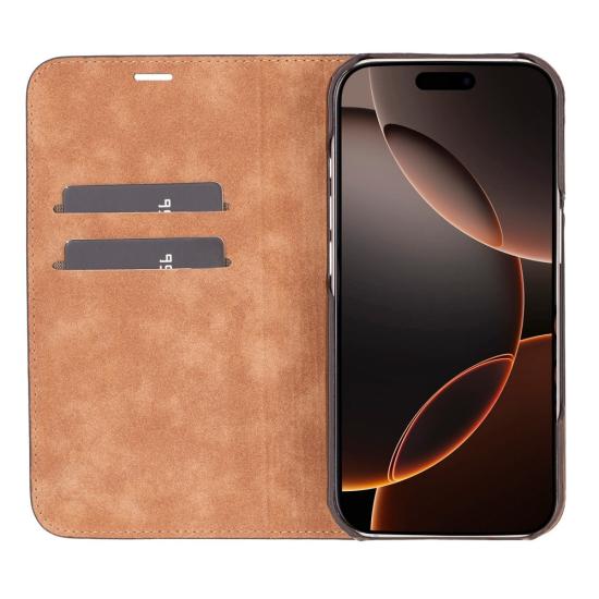 Apple iPhone 16 Pro uyumlu, Hakiki Deri, El Yapımı, Cüzdanlı Kılıf, Antik Kahve