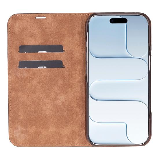 Apple iPhone 17 için, Hakiki Deri, El Yapımı, Cüzdanlı Slim Kılıf, Mag safe ile uyumlu, İç Yüzeyi Kadife, Antik kahve