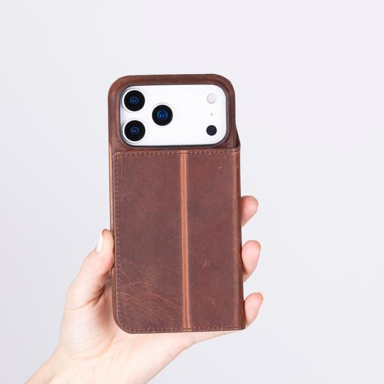 Apple iPhone 17 Pro Max için, Hakiki Deri, El Yapımı, Cüzdanlı Slim Kılıf, Mag safe ile uyumlu, İç Yüzeyi Kadife, Antik Kahve