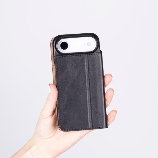 Apple iPhone 17 Air için, Hakiki Deri, El Yapımı, Cüzdanlı Slim Kılıf, Mag safe ile uyumlu, İç Yüzeyi Kadife, Siyah