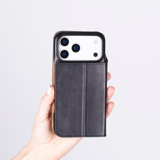 Apple iPhone 17 Pro Max için, Hakiki Deri, El Yapımı, Cüzdanlı Slim Kılıf, Mag safe ile uyumlu, İç Yüzeyi Kadife, Siyah