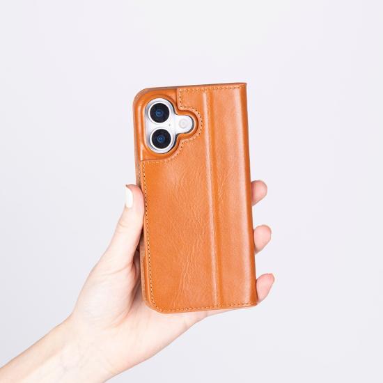 Apple iPhone 17 için, Hakiki Deri, El Yapımı, Cüzdanlı Slim Kılıf, Mag safe ile uyumlu, İç Yüzeyi Kadife, Gölgeli Taba