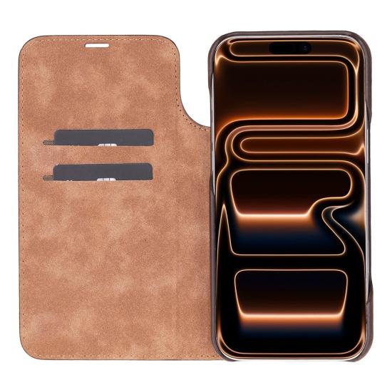 Apple iPhone 17 Pro için, Hakiki Deri, El Yapımı, Cüzdanlı Slim Kılıf, Mag safe ile uyumlu, İç Yüzeyi Kadife, Gölgeli Taba