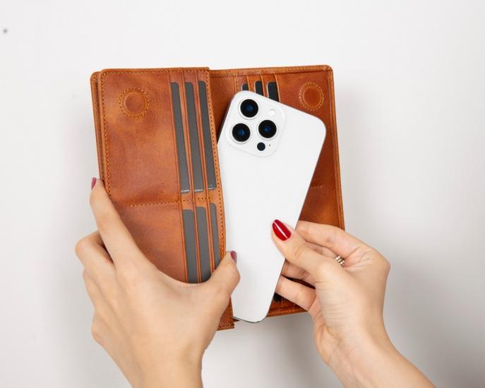 Aura Hakiki Deri, El Yapımı, Telefon Bölmeli, Kadın Cüzdanı, Karamel