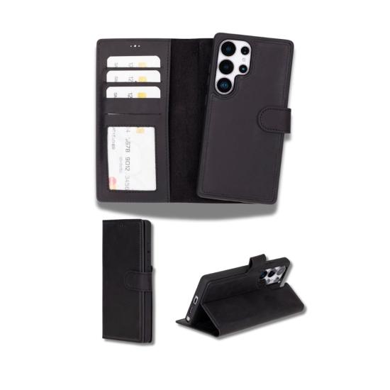 Samsung Galaxy S25 Ultra uyumlu, Hakiki Deri, El Yapımı, Cüzdanlı Kılıf, Mat Siyah