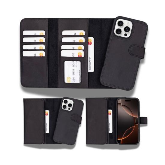 Apple iPhone 16 Pro Max uyumlu, Hakiki Deri, El Yapımı, Cüzdanlı Kılıf, Mat Siyah
