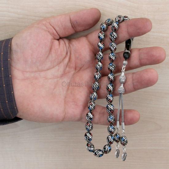 Mavi Kırmızı Mine ve Gümüş İşlemeli Erzurum Oltu Taşı Tesbih