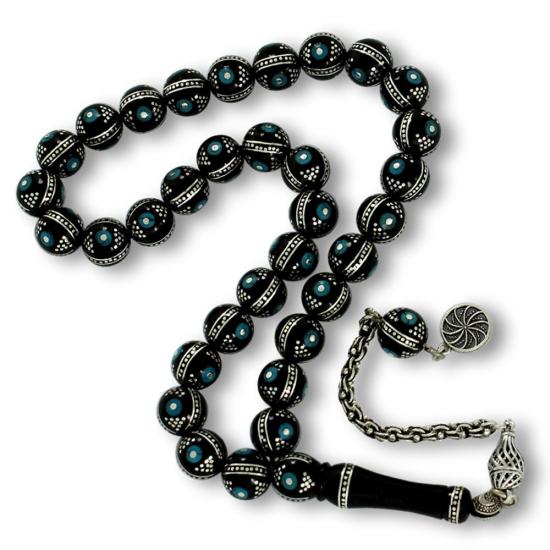 Gümüş ve Firuze İşlemeli Erzurum Oltu Taşı Tesbih